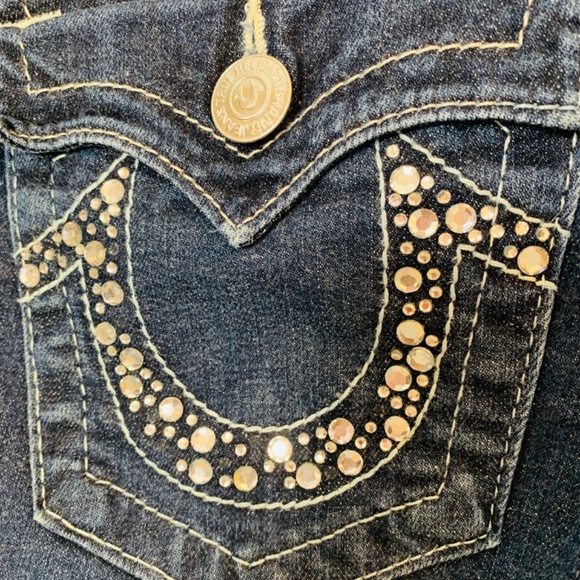 True Religion Hi-Rise Boot Jean Womens 29 X 30  Blue Rhinestone Pockets - Picture 6 of 15